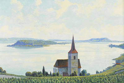 Die Kirche von Ligerz mit der St. Petersinsel