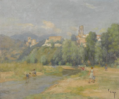 Spanische Landschaft mit Fluss und Stadt.
