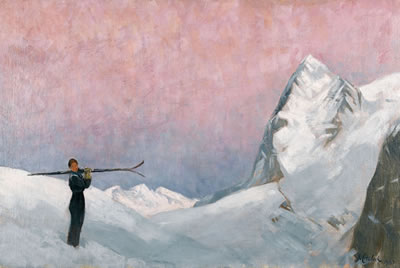 Winterliche Berglandschaft mit Skifahrerin im Abendrot.