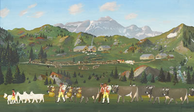 Alpaufzug vor Appenzeller Landschaft.