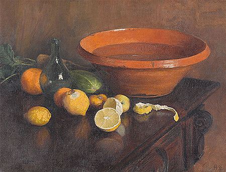 Stillleben mit Schüssel und Zitronen.