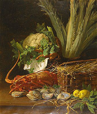 Stillleben mit Languste, Muscheln und Kohl.