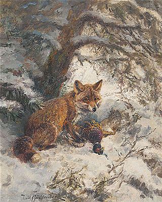 Winterlandschaft mit Fuchs und Fasan.