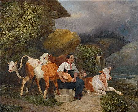 Berglandschaft mit Bäuerin und ihren Kühen.