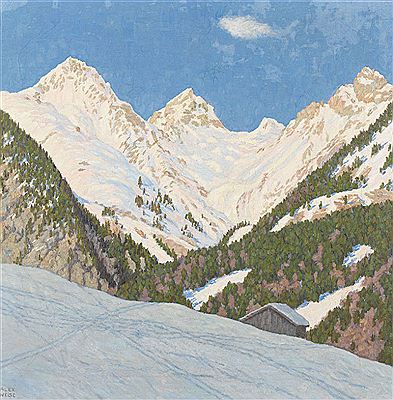 Verschneite Alpenlandschaft unter blauem Himmel. by Alexander Weise - Auction record, sale price, and art valuation. Compare with similar artists and explore comparable artworks.