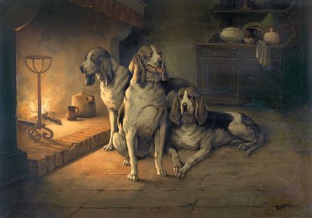 Chiens devant l'âtre.