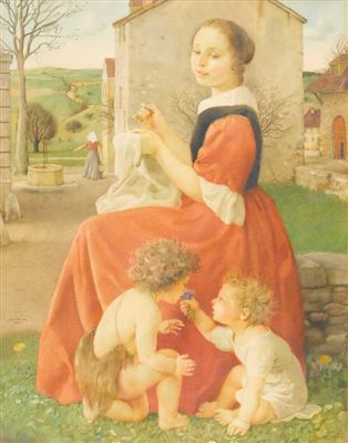 Maria mit Jesus und Johannes im Dorf. by Louis Rivier - Auction record, sale price, and art valuation. Compare with similar artists and explore comparable artworks.