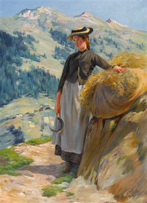 Rastende Schnitterin in den Walliser Bergen. by Fritz Eduard Huguenin-Lassanguette - Auction record, sale price, and art valuation. Compare with similar artists and explore comparable artworks.