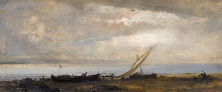 Strandpartie mit Fischerbooten.