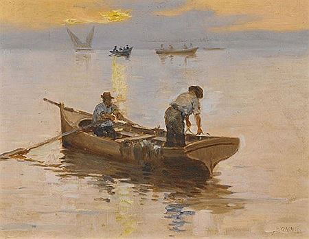 Abendliche Stimmung auf dem Genfersee mit Fischern.