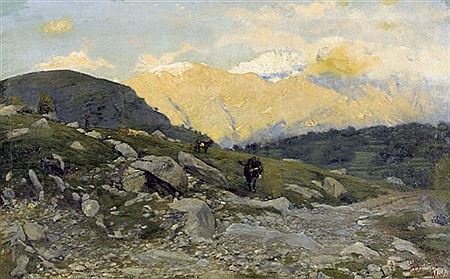 Abendstimmung auf der Alp mit weidenden Kühen.