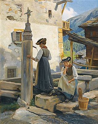 Valaisannes à la fontaine.