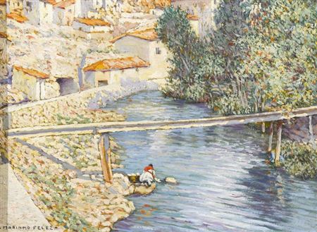 Wäscherin am Fluss.