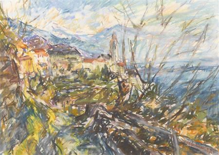 Expressive Uferlandschaft mit Dorf.