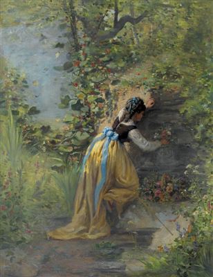Junge Frau mit Blumenkorb.