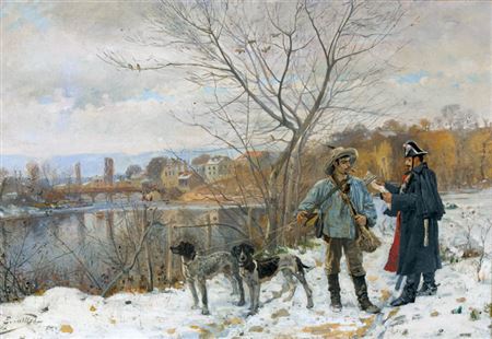 Gendarme et braconnier devant l'Arve et le pont de Carouge.