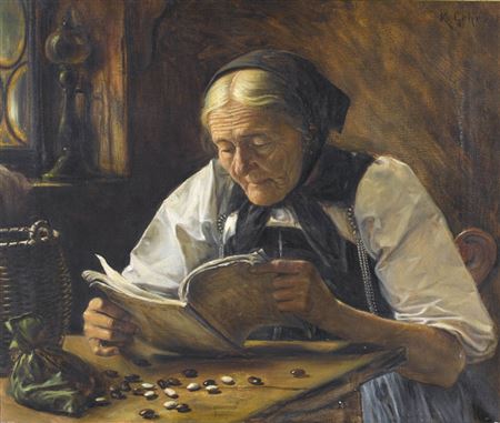 Lesende Bäuerin mit Bohnen.