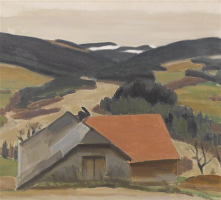 Freiburger Landschaft mit Bauernhaus.