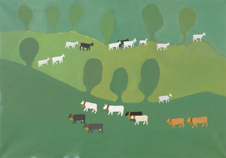 Landschaft mit Ziegen- und Kuhherde.