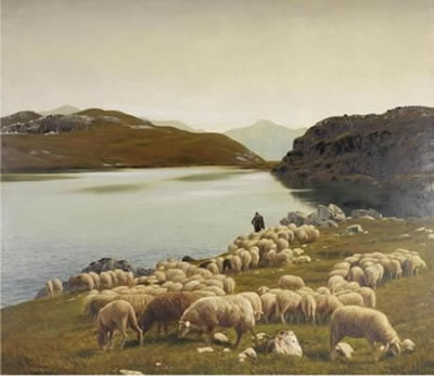 Weidende Schafherde am Seeufer