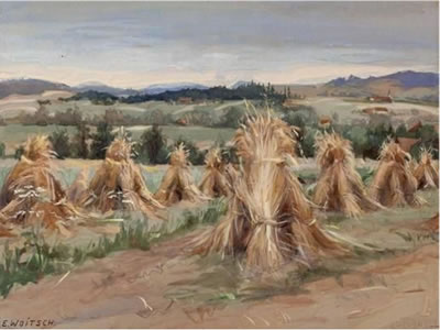 Innviertler Landschaft mit Kornmandln by Emmy Woitsch - Auction record, sale price, and art valuation. Compare with similar artists and explore comparable artworks.