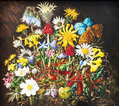 Blumenstillleben mit Schmetterling by Hugo Meinhard Schiechtl - Auction record, sale price, and art valuation. Compare with similar artists and explore comparable artworks.