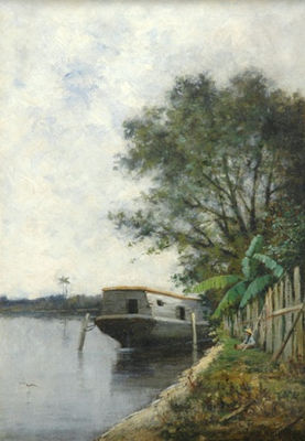Florida Scene, Barge and Fisherman
