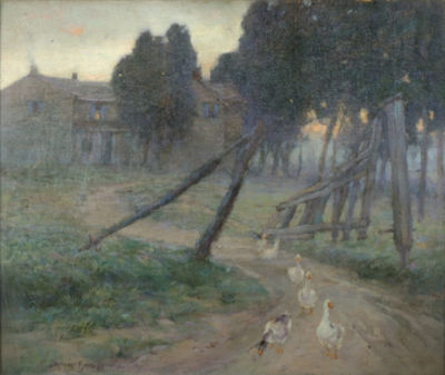 Geese on a Path at Sunset by Spencer Baird Nichols - Auction record, sale price, and art valuation. Compare with similar artists and explore comparable artworks.