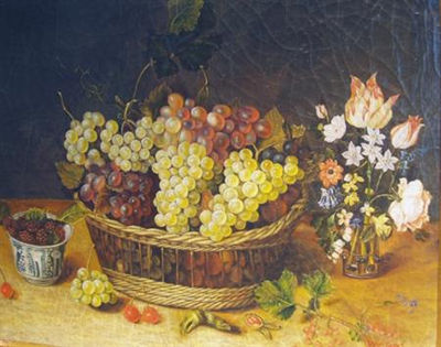 Still Life with Grapes in a Wicker Basket, Flowers and Cherries by Trevor James - Auction record, sale price, and art valuation. Compare with similar artists and explore comparable artworks.