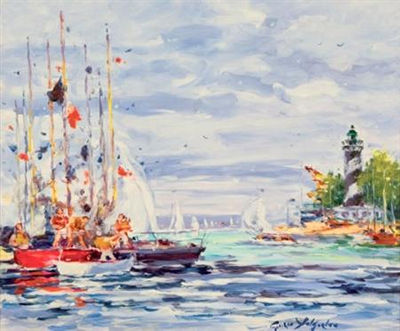 Breezy Day in the Harbor by Georges Yoldjoglou - Auction record, sale price, and art valuation. Compare with similar artists and explore comparable artworks.