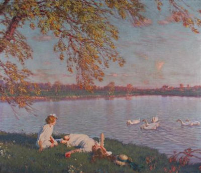 Youth and Sunshine, 1916 by Edward Dufner - Auction record, sale price, and art valuation. Compare with similar artists and explore comparable artworks.