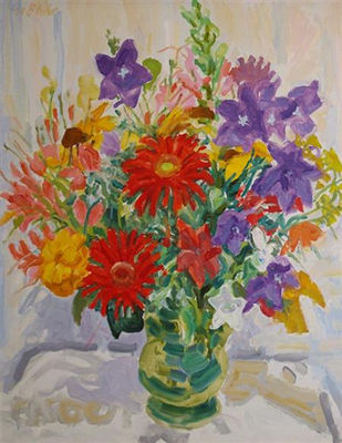 Red Gerbera and Balloon Flowers, 1990