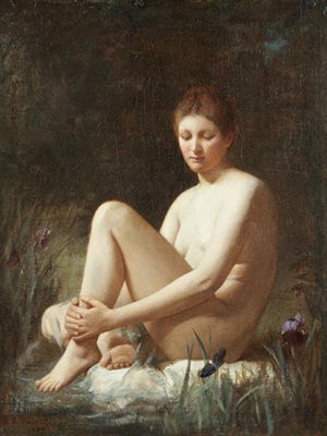 CONTEMPLATIVE NUDE BY A STREAM