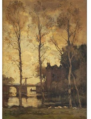 Boater beside a Drawbridge at Sunset