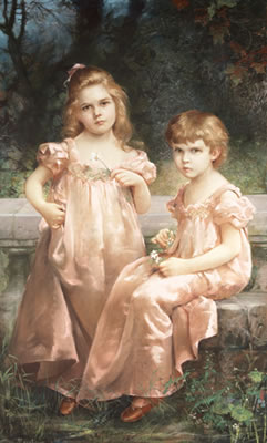 PORTRAIT OF TWO GIRLS IN PINK DRESSES