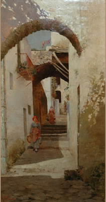 Woman with Water Jug in a Narrow Village Street