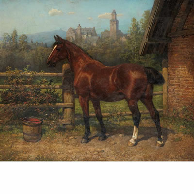 A Bay Hunter Beside a Stable with Castle in the Distance