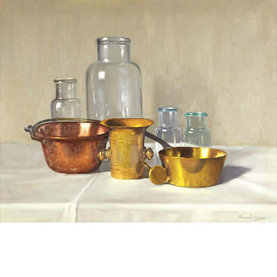 Still Life with Glassware and Copper Pots by Romek Arpad - Auction record, sale price, and art valuation. Compare with similar artists and explore comparable artworks.