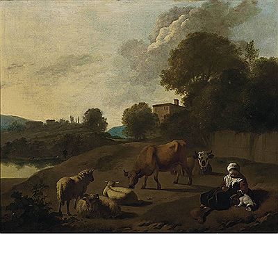 A River Landscape with Cattle, Sheep and a Young Girl Playing with a Dog