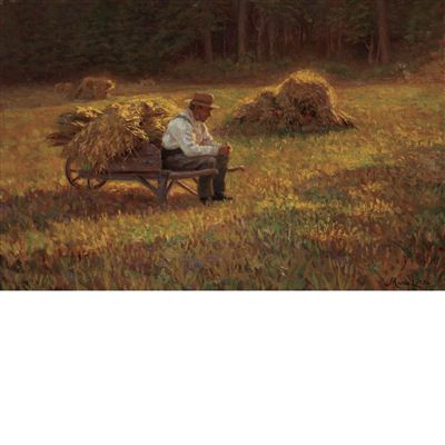 Autumn Landscape with a Fieldhand Resting on a Wheelbarrow
