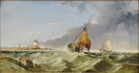 Shipping off a stormy coast with windmill by Edward Hayes - Auction record, sale price, and art valuation. Compare with similar artists and explore comparable artworks.