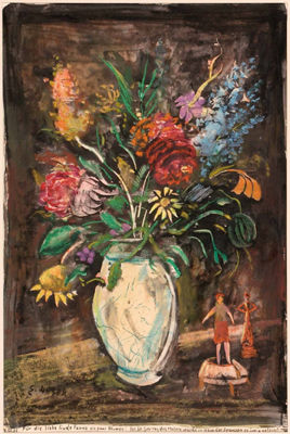 "Blumenstrauß in Vase mit Nippesfiguren"