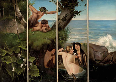4-teilige Bildtafel:"Zwei Faune beobachten Wassernixen" by Anton Marussig - Auction record, sale price, and art valuation. Compare with similar artists and explore comparable artworks.