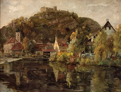 Ort an einem Fluss mit Burg