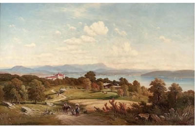 "Panoramablick über den Starnberger See mit dem Schloss Possenhofen, der Roseninsel und im Hintergrund die Alpen"