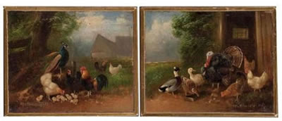 A) "Pfau und Hühner" b) "Truthahn und Hühner" ; a pair (2)