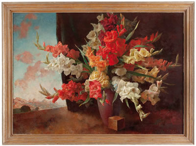 "Stillleben mit Gladiolen in Vase, Holzwürfel und links mit Blick in die Tiroler Bergwelt" by Ernst Nepo - Auction record, sale price, and art valuation. Compare with similar artists and explore comparable artworks.