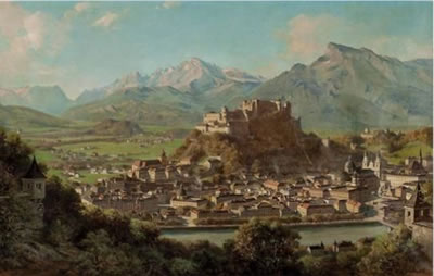 Blick vom Kapuzinerberg auf Salzburg mit Untersberg und Tennengebirge