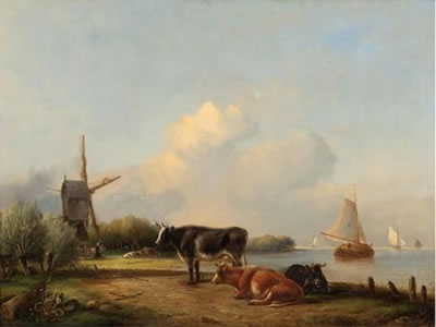 An der niederländischen Küste mit Windmühle, Kühen und Segelschiffen