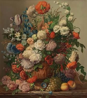 Großes Blumenstillleben mit Früchten